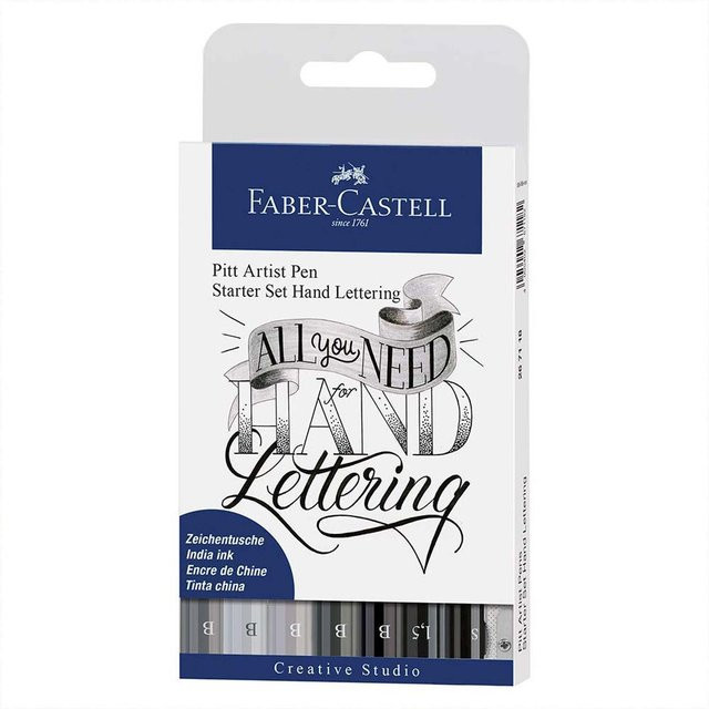Faber Castell Pitt Artist Pen Handlettering Starter Set mit 9 Tuschestiften in Black, Grey und Multicolour mit Brush-Spitze - Bild 1