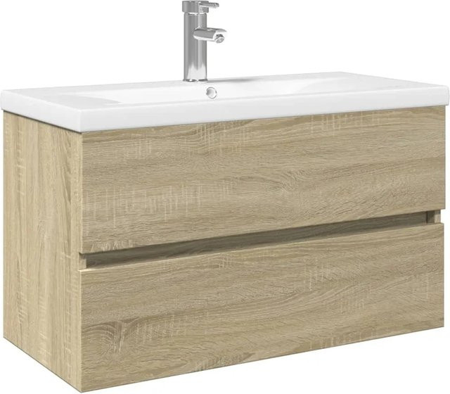vidaXL 2-tlg. Badmöbel-Set mit Waschbeckenunterschrank und Waschbecken aus Keramik und Holzwerkstoff in Weiß und Sonoma Eiche, B/T/H: 80,0 x 45,0 x 38,5 cm - Bild 1