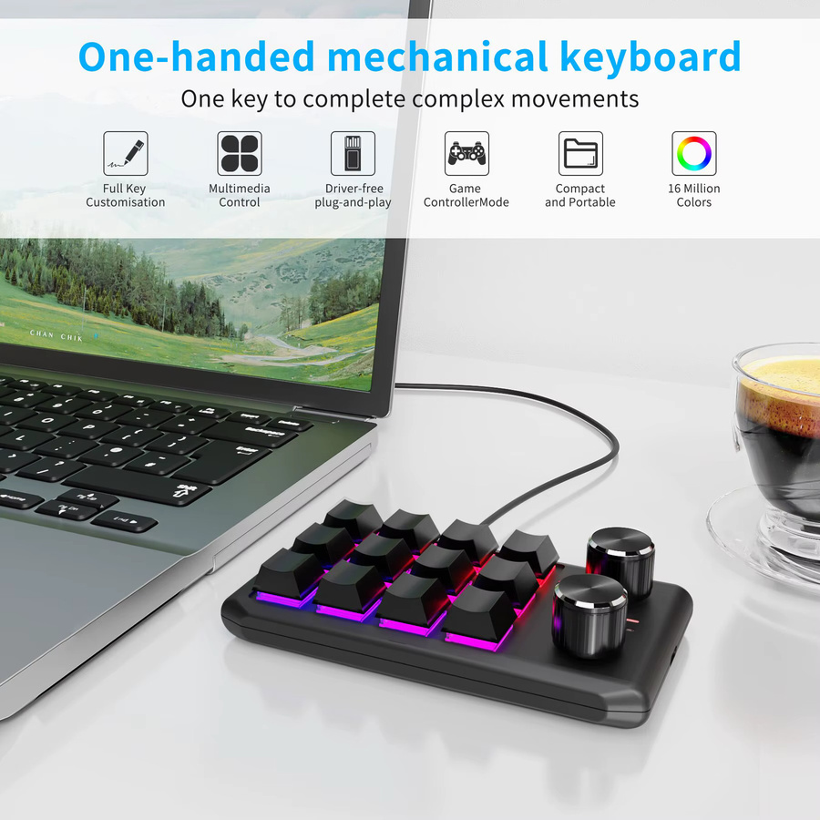 Ammtoo Mechanisches Macropad mit 12 Tasten und RGB-Beleuchtung, Programmierbare Bluetooth-Mini-Tastatur mit Hotswap-Funktion, Schwarz - Bild 2