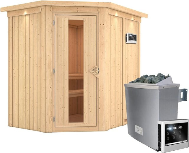 Karibu Sauna CARIN mit 9,0 kW Ofen, externem Steuergerät und Dachkranz, B/T/H: 198 x 151 x 165 cm - Bild 1