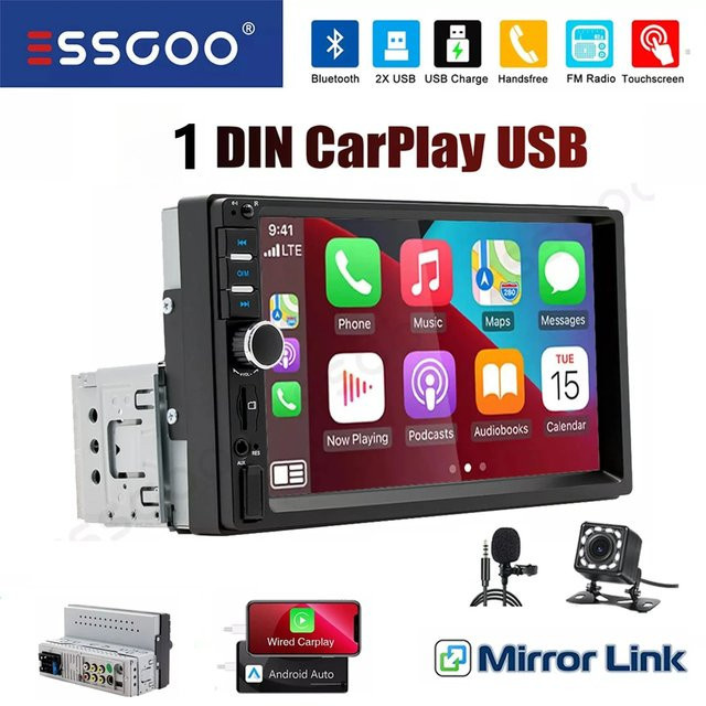 ESSGOO 1 DIN 7-Zoll HD-Touchscreen Autoradio mit Apple Carplay, Android Auto, Bluetooth und USB in Schwarz - Bild 1