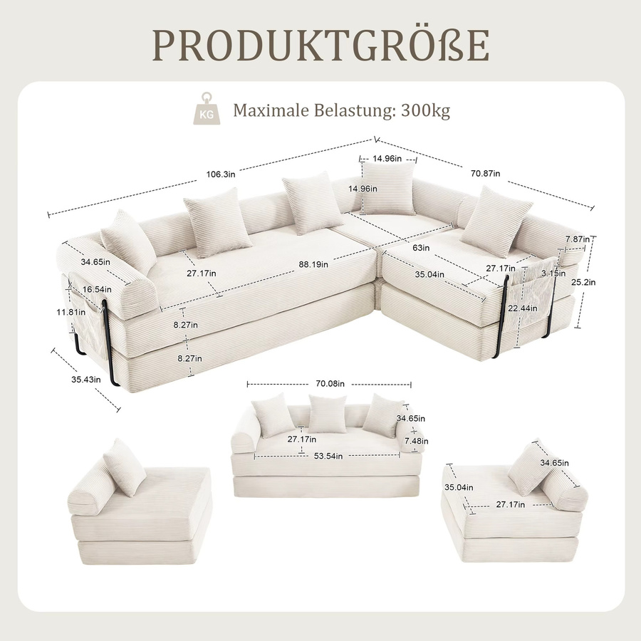 LVHOM Modulares L-Shape Familiensofa aus Cord in Beige mit Stauraum und Armlehnen - Bild 2