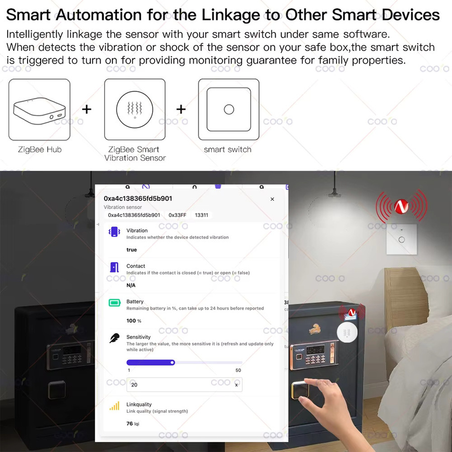 Coolo ZigBee 3.0 Vibrationssensor in Weiß für Echtzeit-Tür- und Fenster-Neigungsalarm zur Home Security Protection, kompatibel mit Home Assistant und Zigbee2MQTT - Bild 2