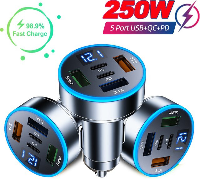 Kebidumei Auto Ladegerät mit 250W Schnellladefunktion, 3 USB und 2 PD USB-C Anschlüssen, Farbe: Silber - Bild 1