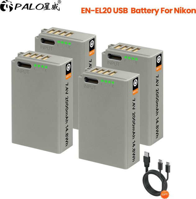 PALO USB-Ladeakku EN-EL20 für Nikon Coolpix P1000 P950 J1 J2 J3 S1 V3 AW1 DL24-500 Kameras, Farbe: Grau - Bild 1