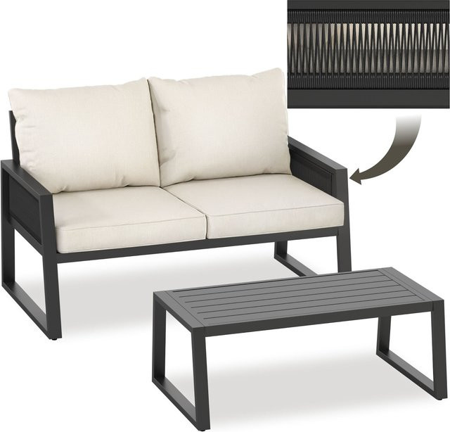tectake Garten-Lounge Set Captive aus Aluminium im Rope-Design mit 2-Sitzer, Couchtisch und Polstern, Anthrazit, B/T/H: 126 x 76,5 x 85 cm - Bild 1