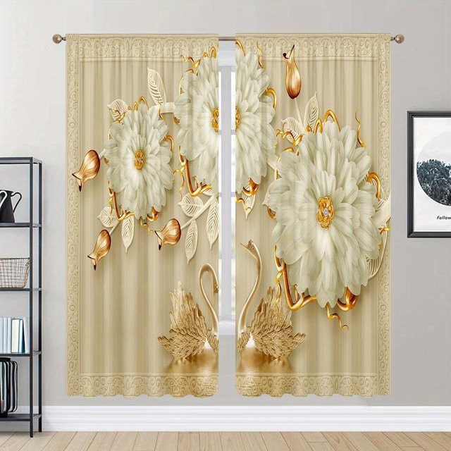 2er-Set dekorative Vorhänge mit goldenem Rosenblumen-Print, halbtransparent, Polyester, Breite: 100 cm, Höhe: 130 cm - Bild 1