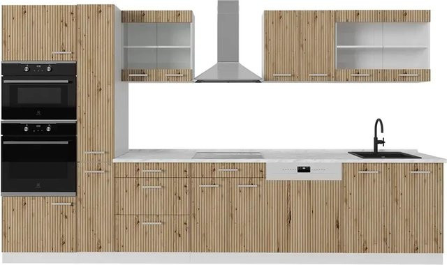 Vicco R-Line Küchenzeile Artisan Eiche und Weiß mit Hochschrank und Marmor-Arbeitsplatte, Breite: 350 cm - Bild 1
