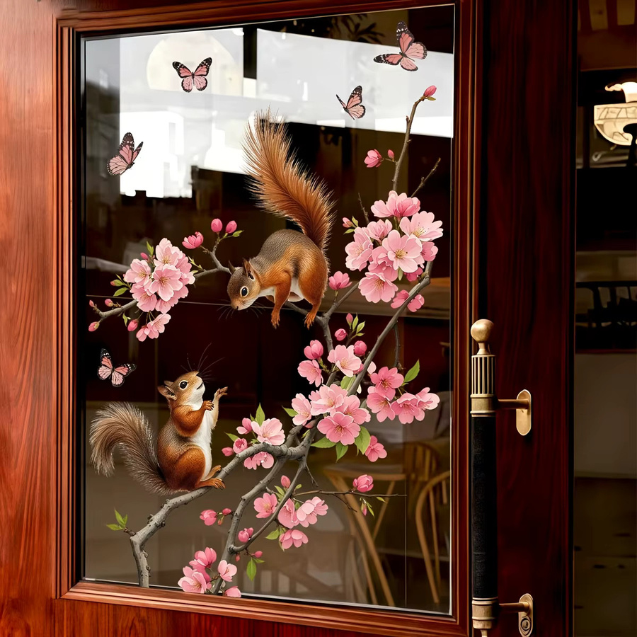 Kingsmile Fensteraufkleber mit Eichhörnchen und Kirschblüten, wiederverwendbare Sakura-Dekoration in Mehrfarbig - Bild 4
