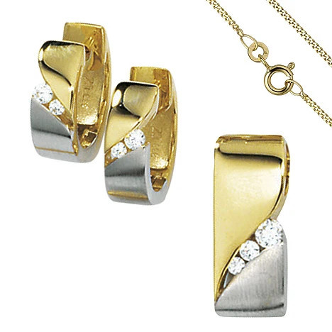 Colfem Schmuck-Set, 333 Gelbgold, bicolor, 7 Zirkonia, Ohrringe und Kette 45 cm - Bild 1