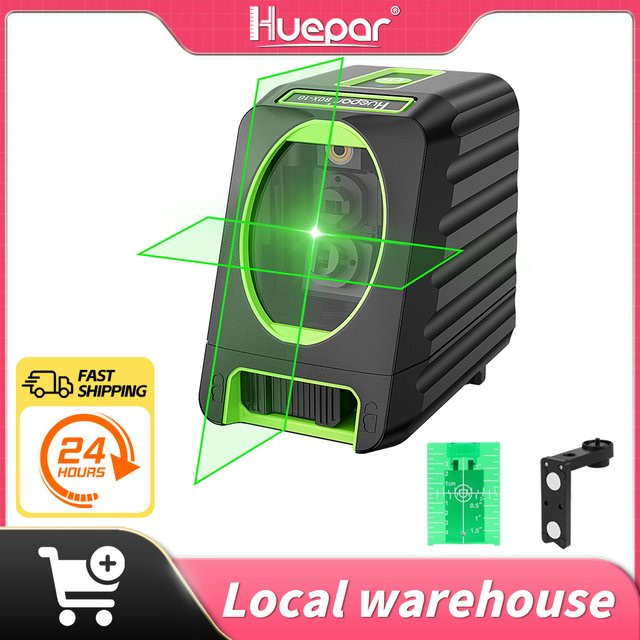 Huepar Box-1G selbstnivellierende Laser-Wasserwaage mit grüner Kreuzlinie für den Außenbereich, Schwarz-Grün - Bild 1