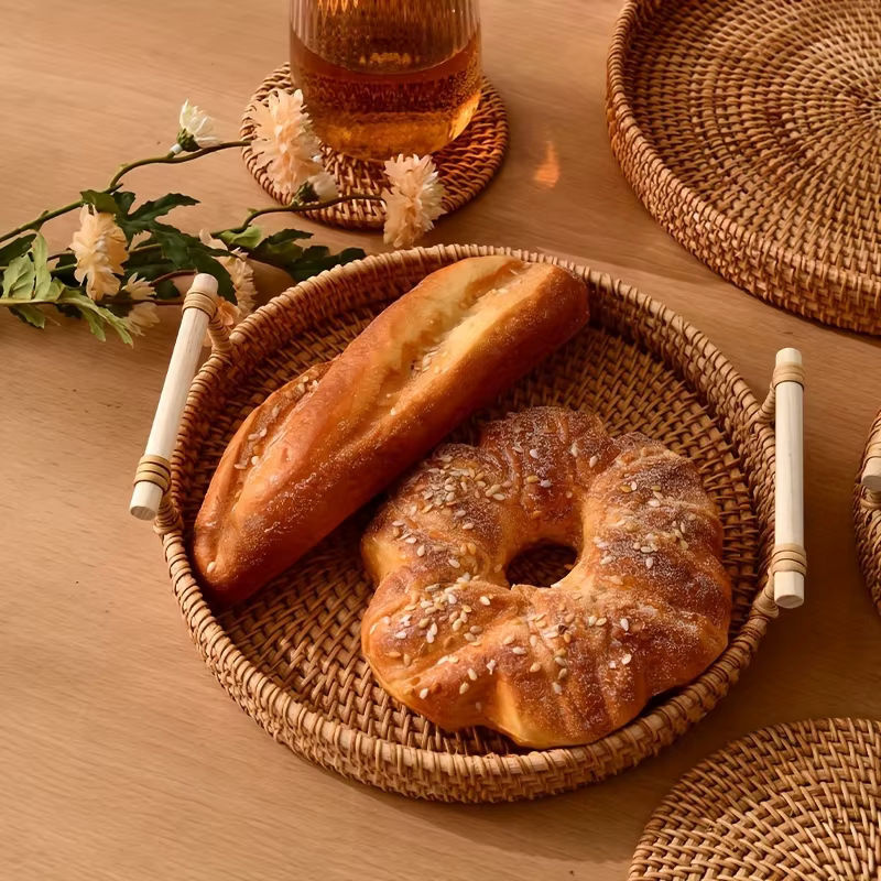 Handgefertigtes Rattan-Tablett in Braun, Rundes Obst- und Snack-Tablett im Bohemian-Stil - Bild 3