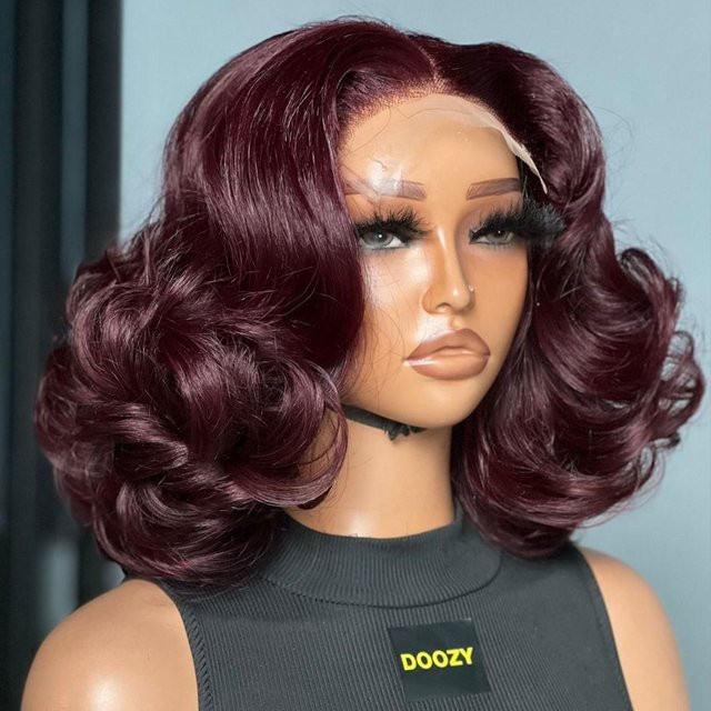 Tomiyaa Bouncy Body Wave Bob Perücke, Echthaar, Burgund, 13x4 Lace Front - Bild 1