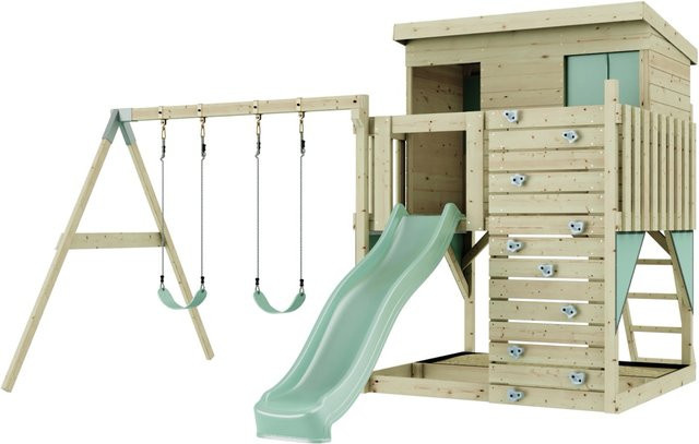 PolarPlay Spielturm Nils aus Holz mit Kinderschaukel und Rutsche, Mintgrün - Bild 1