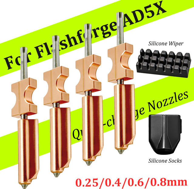 Flashforge AD5X Hotend-Düsen Set mit 0,4 mm Düse, Silikonsocke und Düsenbürste in Gold - Bild 1