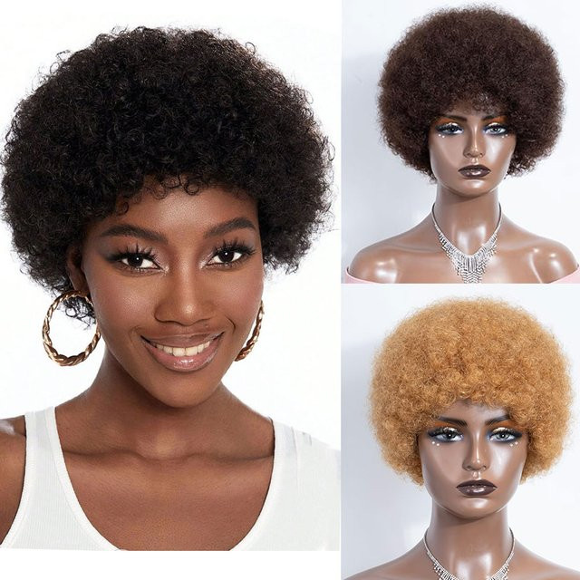 Linhua Afro-Perücke, Pixie-Schnitt, Echthaar, braun-rot, Damen - Bild 1