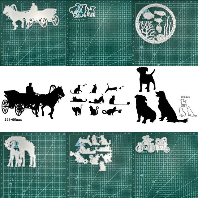 Metall-Stanzformen Tierwagen mit Katze, Hund, Kaninchen und Giraffe in Silber für DIY Scrapbooking und Papierarbeiten - Bild 1