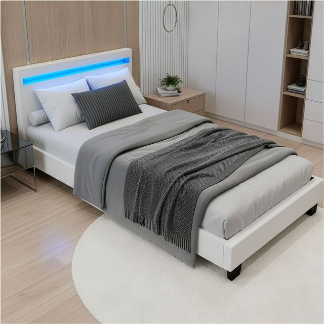 Juskys Polsterbett Paris in Weiß mit LED-Beleuchtung und Lattenrost, B/T/H: 90 x 200 cm - Bild 1