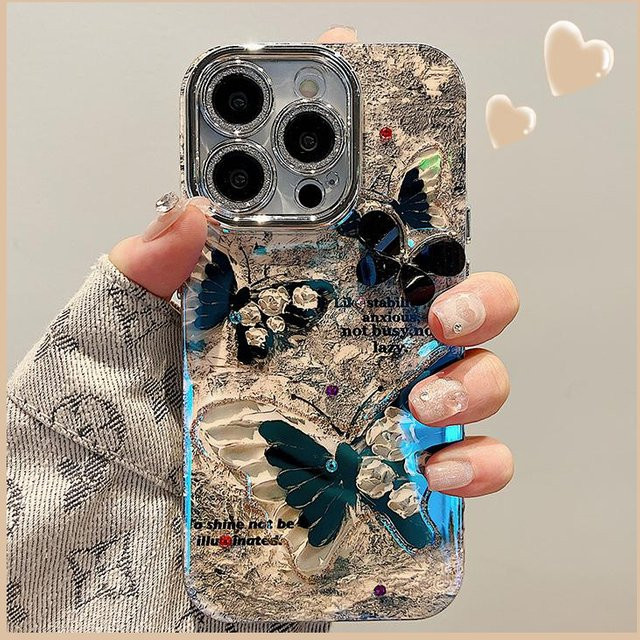 Yiran Handyhülle mit schwarzem Schmetterlings- und Blumenmuster in Glitzer-Diamant-Optik für iPhone 16 Pro Max, 15, 14, 13, 12, 11 – Schwarz - Bild 1
