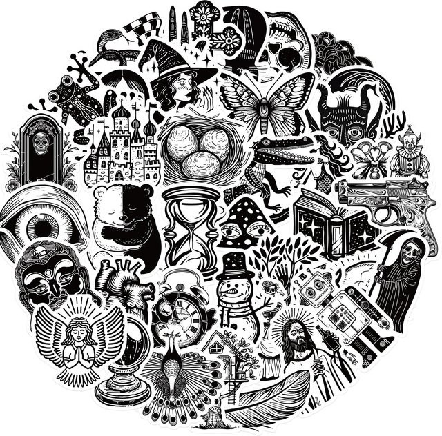 50 Stück Gotische Sticker Set von Rui Di in Schwarz-Weiß für Scrapbook und Laptop wasserfest - Bild 1