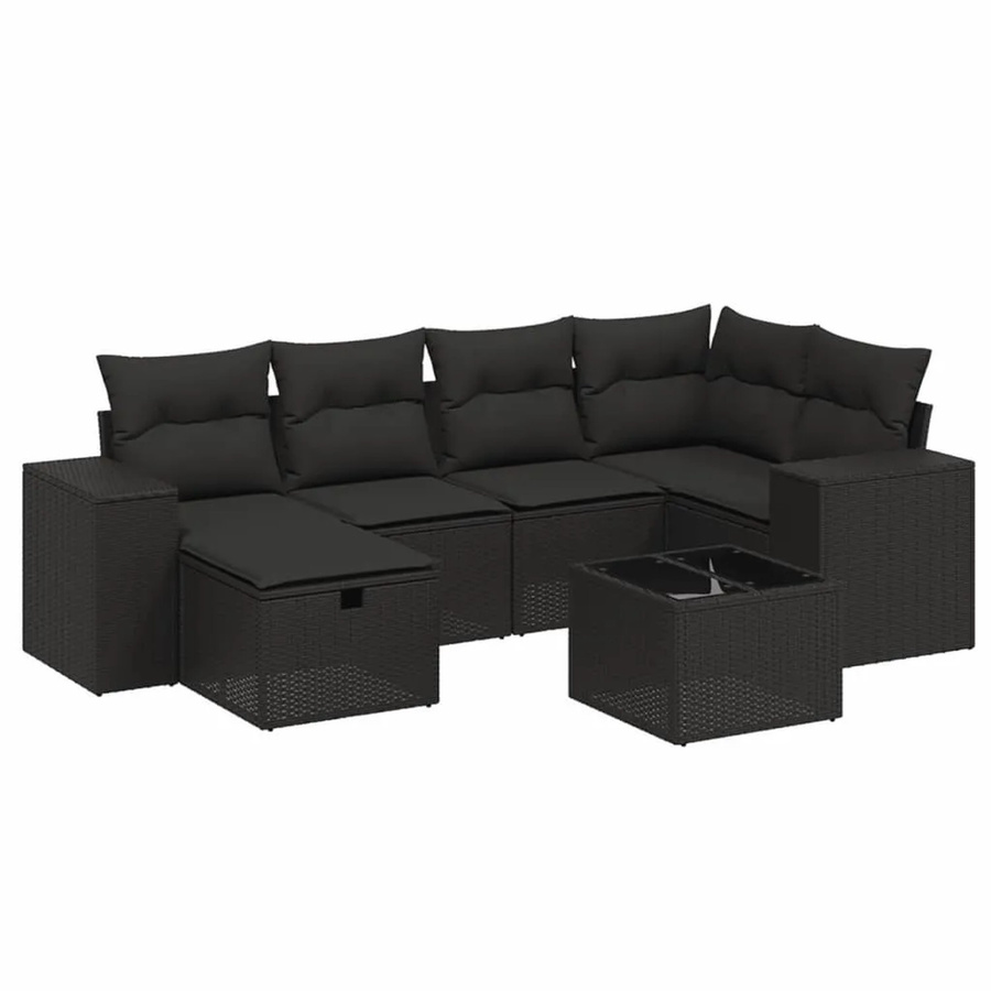 vidaXL 7-tlg Garten-Sofagarnitur in L-Form aus schwarzem Poly-Rattan mit UV-beständigen Kissen und pulverbeschichtetem Stahlgestell - Bild 2