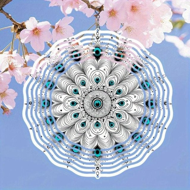 HELLOYOUNG Pfauenfeder-Mandala 3D Metall-Windspinner in Blaugrün und Weiß als kinetische Gartenkunst zur hängenden Dekoration für Terrasse und Garten - Bild 1