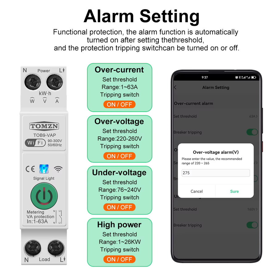 TOMZN WIFI Smart Switch TOB9-VAP 63A 1P+N Energiezähler mit Tuya Smart Life App zur Leistungsschalter Überwachung und Timer Funktion in Weiß - Bild 2