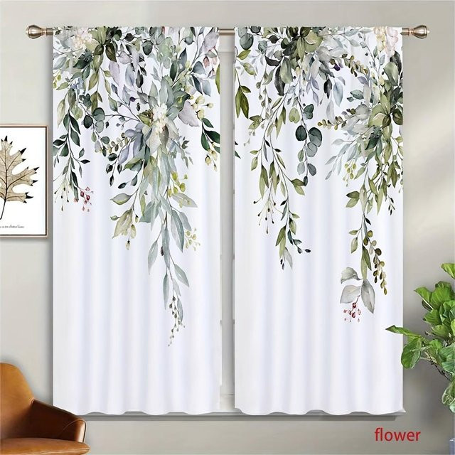 2er-Set Vorhänge von Yiran Furniture mit grünem Blumen- und Blättermuster im Landhausstil, Breite: 100 cm, Höhe: 130 cm - Bild 1