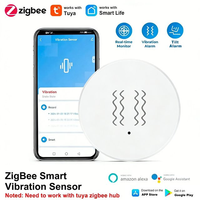 Tuya Smart Zigbee Vibrationssensor in Weiß zur Erschütterungs- und Neigungserkennung mit App-Benachrichtigung und Alexa-Kompatibilität - Bild 1