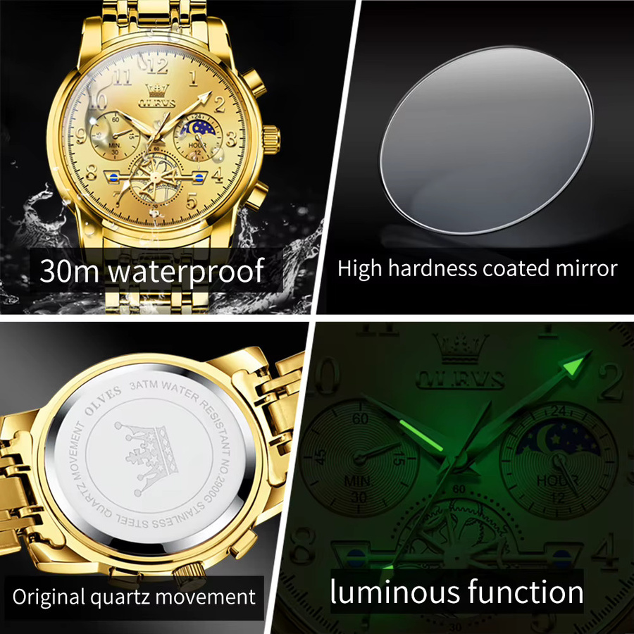 OLEVS Armbanduhr Chronograph, Quarz, Edelstahl, Gold, Unisex - Bild 6