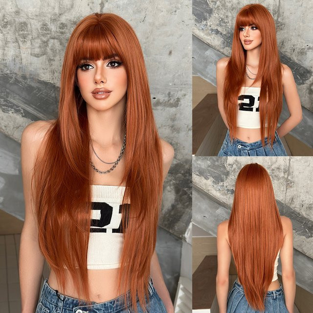 NAMM Perücke, orange, lang, gerade, mit Pony, Damen - Bild 1