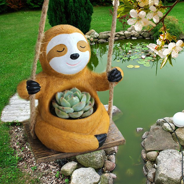 Hängender Faultier-Blumentopf aus Kunstharz in Braun und Multicolour für Garten, Hof und Balkon - Bild 1