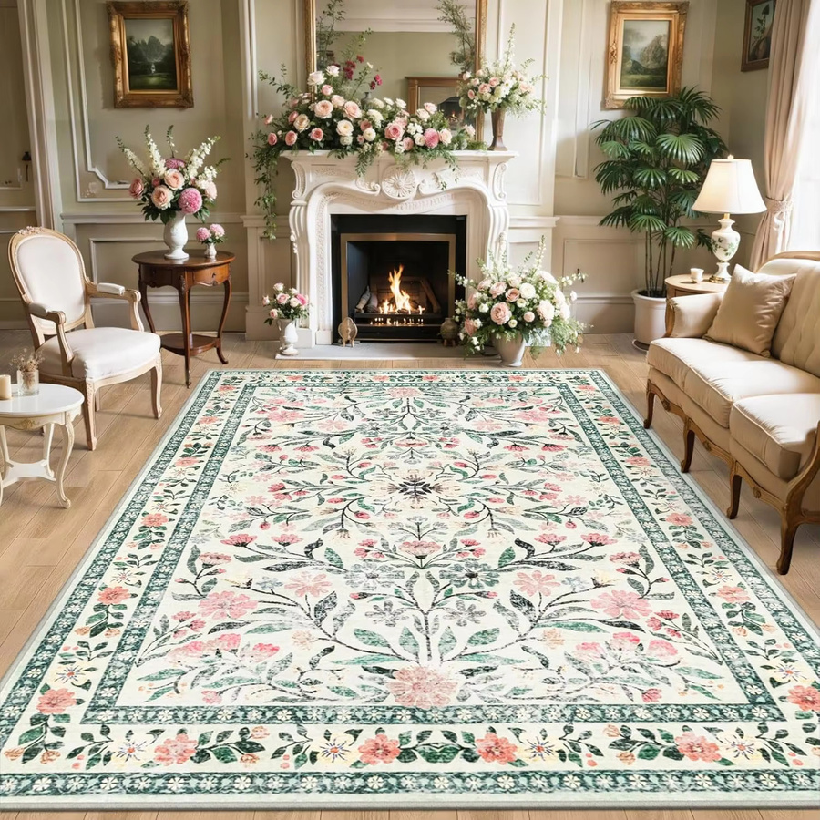 VIKAMA Vintage-Teppich mit Blumenmuster in Multicolour, rutschfeste und waschbare Bodenmatte für Wohnzimmer, Schlafzimmer und Büro - Bild 1