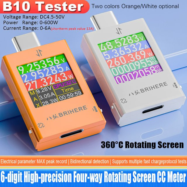 ATORCH B10 DC Multifunktions-Digitalanzeige mit USB-C Typ C, Spannung Amperemeter und Leistungsmesser, Weiß, 4,5–50 V, max. 600 W und 12 A - Bild 1