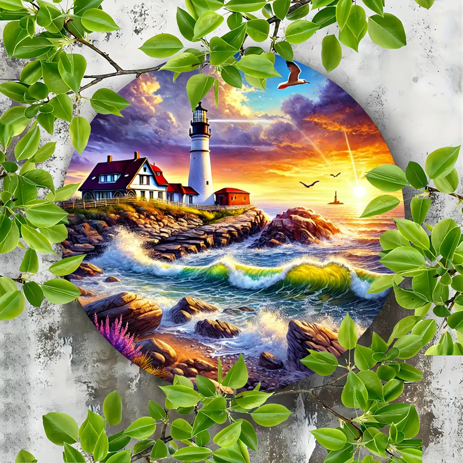 Potdemiel Rundes Metall-Wandbild mit Leuchtturm und Meer bei Sonnenuntergang, Mehrfarbig, Durchmesser: 20 cm - Bild 3