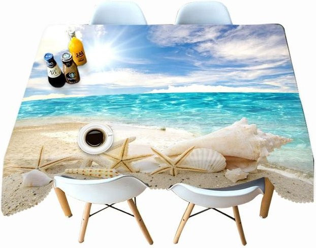 Verdickte Baumwoll-Tischdecke von Your Warm Home mit Seestern- und Korallenmuster in Blau und Himmelblau, Rechteckig, B: 140 cm, L: 220 cm - Bild 1