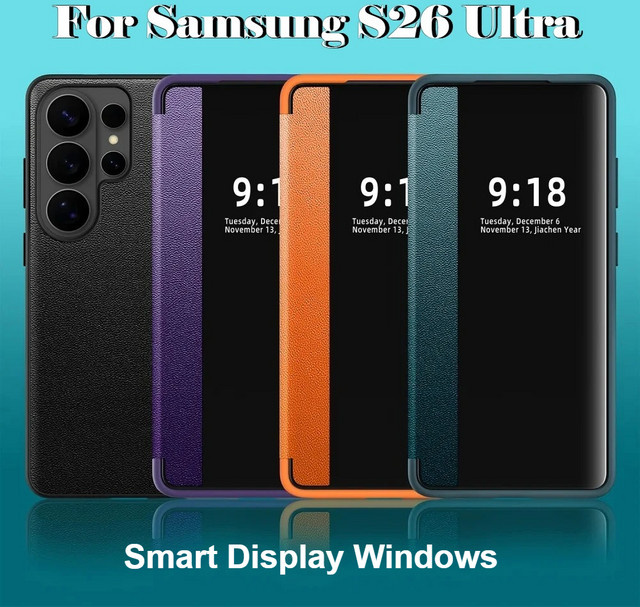 Luxuriöse Smart-Display-Fensterhülle aus Leder für Samsung Galaxy S26 Ultra, S25, S24 Plus, S23 und S22 mit Kartenfach in Grün - Bild 1