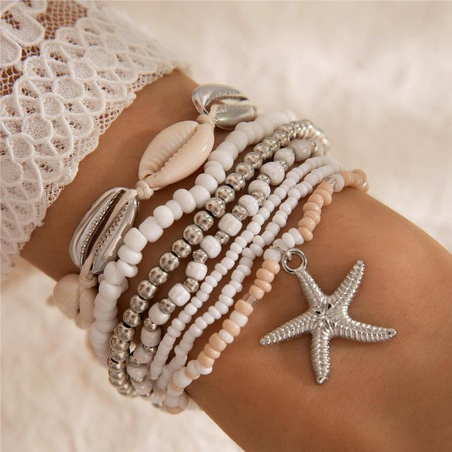KMVEXO Schmuck-Set, 7-teiliges Muschelarmband, Silber, Messing, Perle, Damen - Bild 1