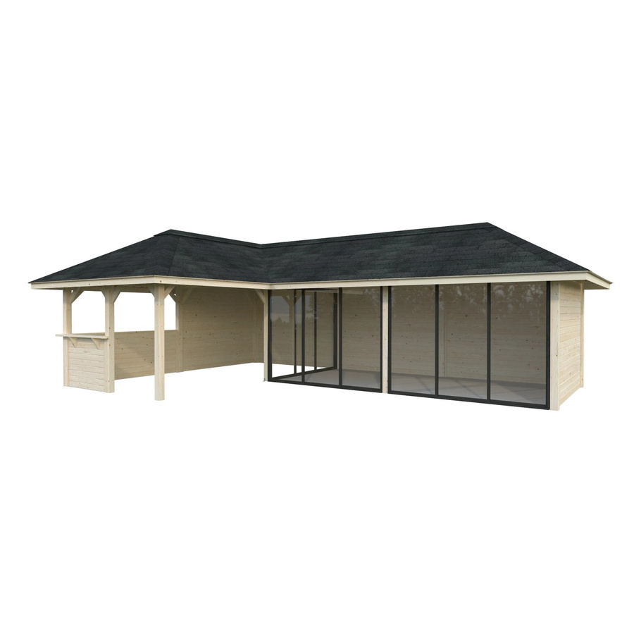 PALMAKO Pavillon Bianca Set 220 Slide aus Fichtenholz in Braun mit Alu-Schiebetüren und Eck-Tresenanlage, B/H/T: 876 x 319 x 588 cm - Bild 3