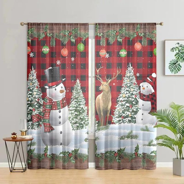 2er-Set Weihnachts Vorhänge mit Schneemann, Baum und Elch in Braun und Rot, halbtransparent, B: 150 cm, H: 166 cm - Bild 1