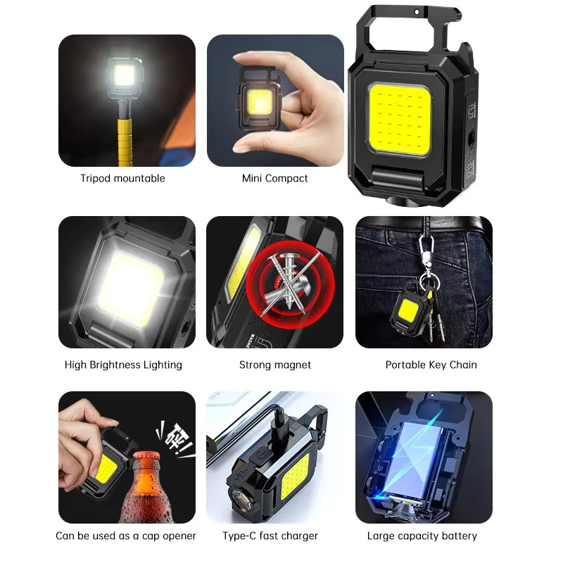Heinast Mini Schlüsselanhänger Taschenlampe mit COB LED, USB wiederaufladbar, Schwarz, multifunktionales Arbeitslicht mit faltbarem Seitenlicht - Bild 6