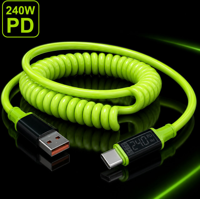 240W Hochleistungs-Typ-C-Ladekabel in Grün, einziehbares USB-auf-Typ-C-Spiralkabel für schnelles Laden von iPhone, Samsung, Xiaomi und Huawei - Bild 1