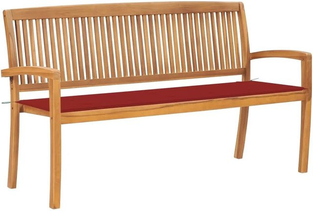 vidaXL Stapelbare Gartenbank aus Teakholz mit roten Auflagen und Armlehnen, Breite: 159 cm - Bild 1