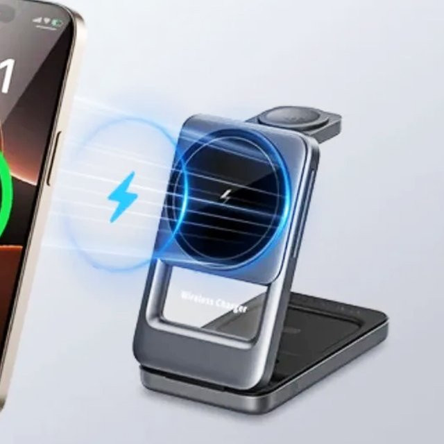 XIKCU 3-in-1 Magnetische Kabellose Ladestation für iPhone 12 bis 17, Apple Watch und AirPods Pro, Faltbarer Desktop-Ständer, Farbe: Silber - Bild 1