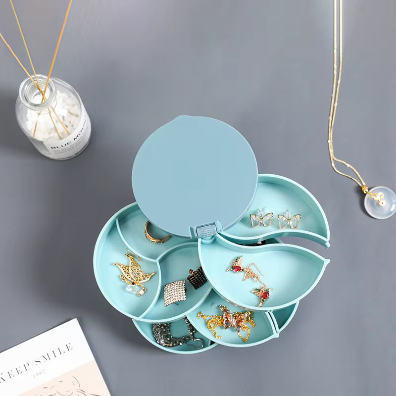 Rotierende vierlagige Schmuckschatulle von Untior in Blau mit Spiegel und mehrschichtigen Fächern zur Aufbewahrung von Halsketten, Ohrringen, Ringen und Armbändern - Bild 2