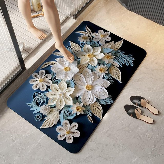 Lodestar Badezimmerbodenmatte mit 3D-Floral-Design, rutschfest und saugfähig, Blau, B/T: 60 x 40 cm - Bild 1