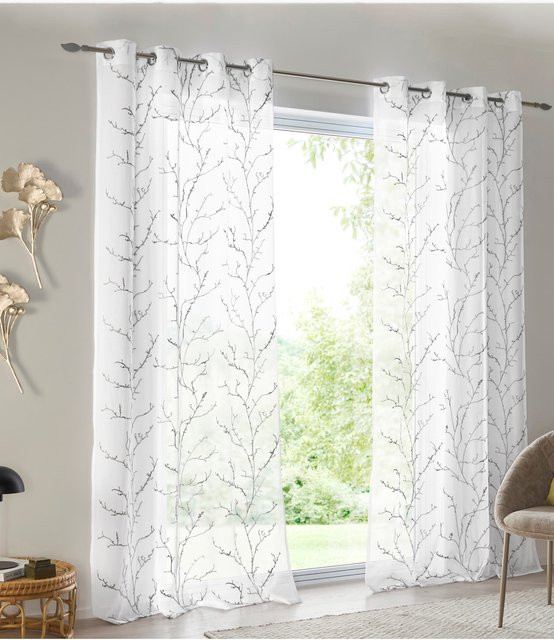 Heine Home Dekostore mit floralem Muster in Weiß und Grau, semi-transparent, 100% Polyester - Bild 1