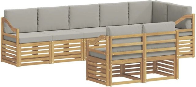 vidaXL Outdoor-Sofagarnitur 8-teilig in L-Form aus Akazienholz mit Polstern in Weiß und Hellgrau - Bild 1