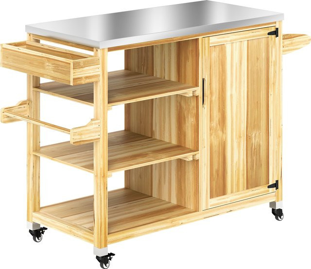 Outsunny Grillwagen aus Holz in Braun mit 6 Etagen und Arbeitsfläche, BBQ Beistelltisch mit Edelstahl-Elementen und Rollen, B/T/H: 134,5 x 50 x 91,5 cm - Bild 1