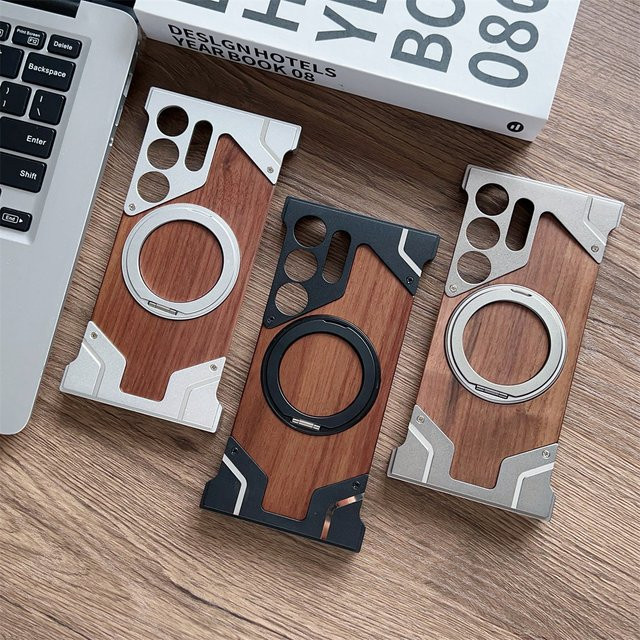 Magnetische Handyhülle aus Holz und Aluminiumlegierung für Samsung Galaxy S23 Ultra, S24 Ultra, S25 Ultra und S26 Ultra mit Magsafe Kompatibilität in Silver und Brown - Bild 1